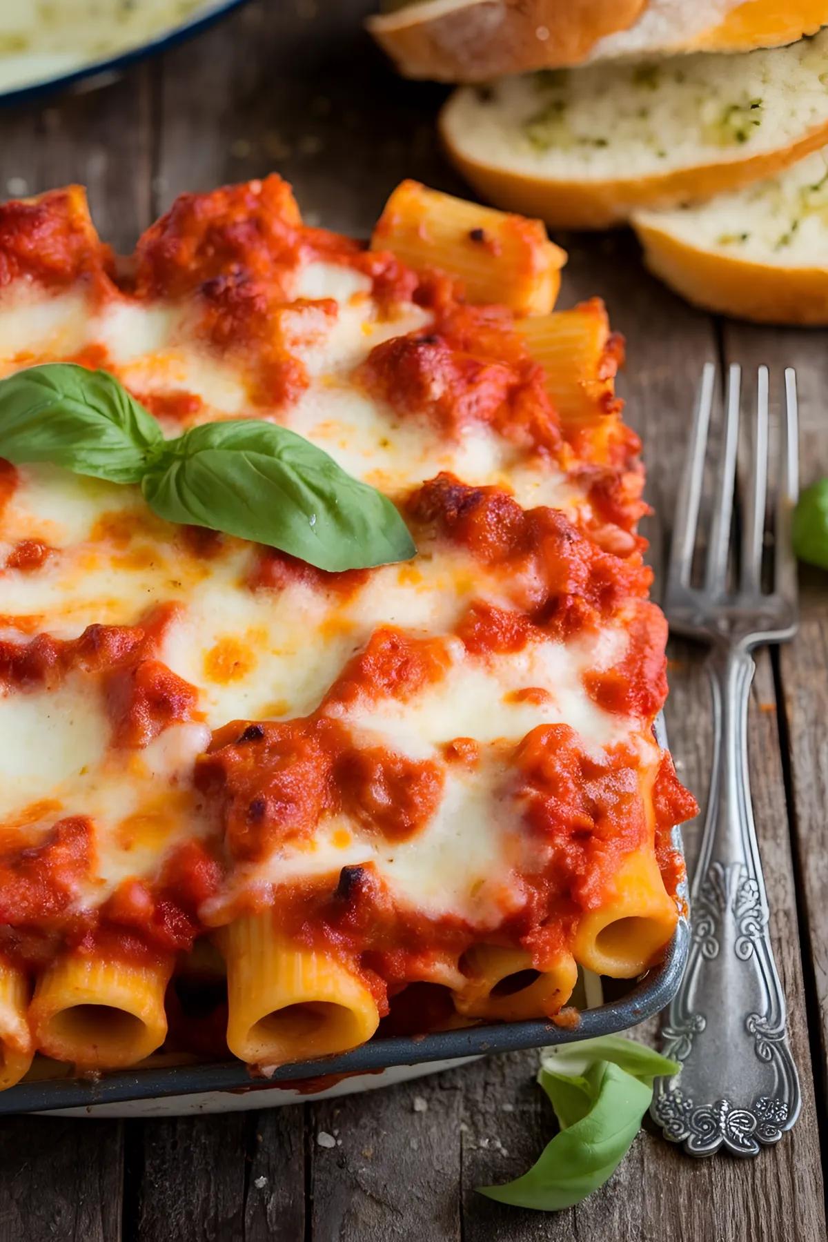 A baked rigatoni dish topped with melted cheese and basil, served on a wooden table with garlic bread.