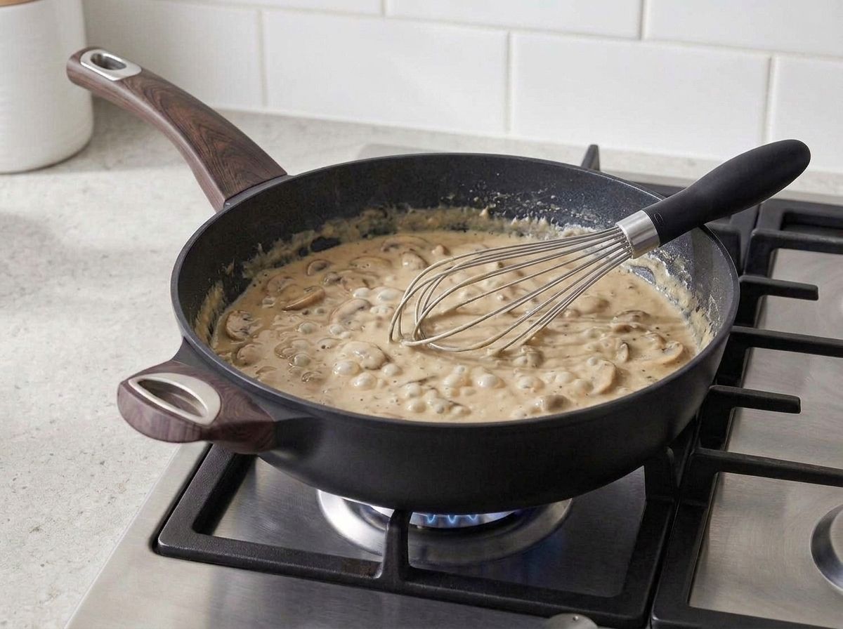 Oat milk whisked into the roux to make a thick tan mushroom sauce.