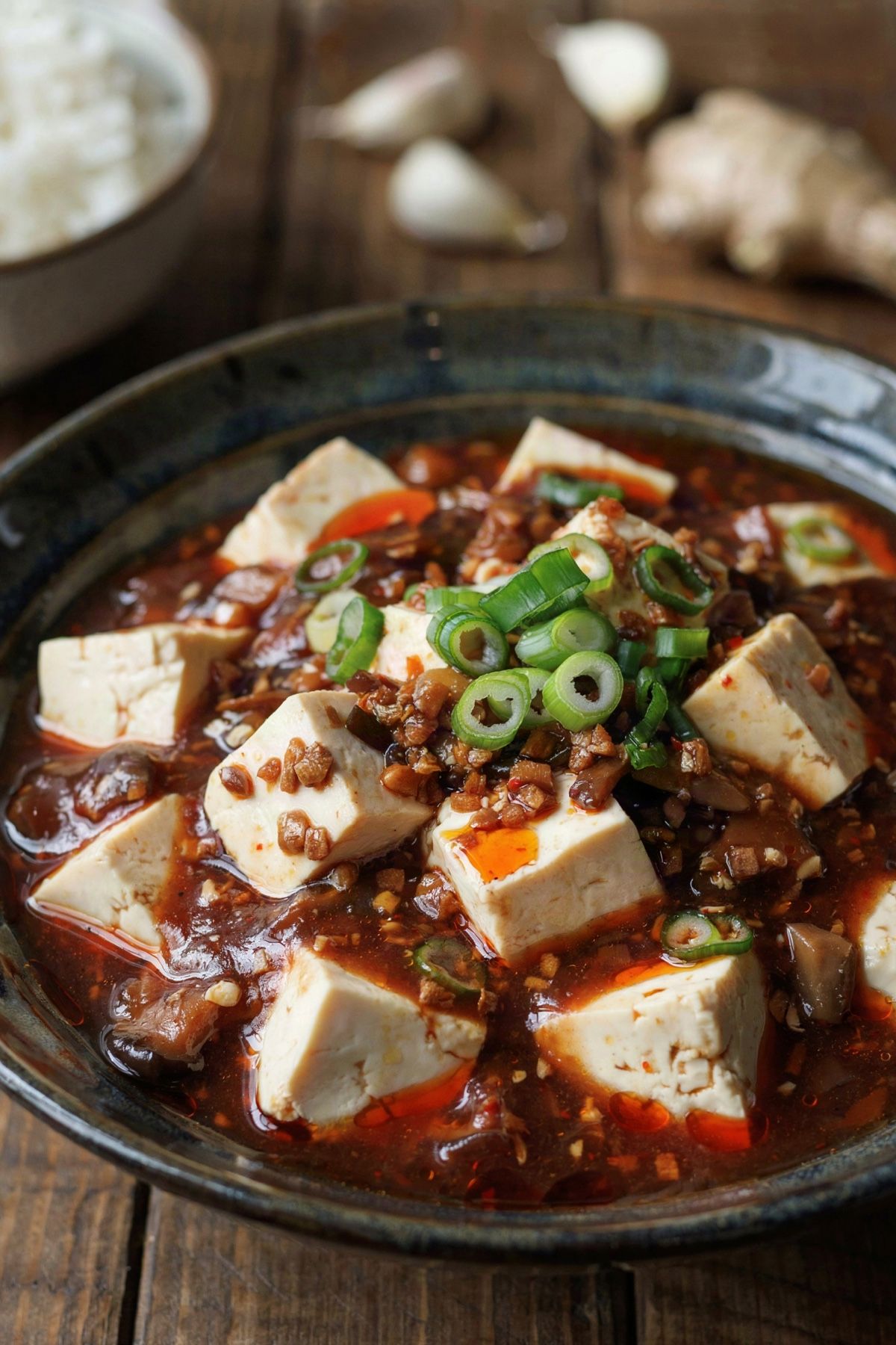 Vegan mapo tofu in a dark glazed bowl, white silken tofu cubes in a thick brick-red Sichuan chili bean sauce under a slick of red oil, with finely chopped shiitake through the sauce and sliced green scallion on top.