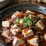Vegan mapo tofu in a dark glazed bowl, white silken tofu cubes in a thick brick-red Sichuan chili bean sauce under a slick of red oil, with finely chopped shiitake through the sauce and sliced green scallion on top.