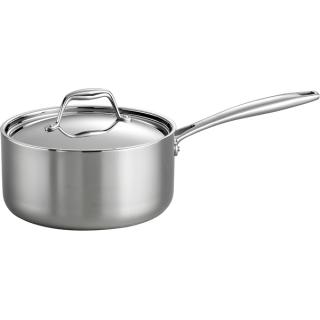 Polished stainless steel saucepan with a stainless lid and a long handle