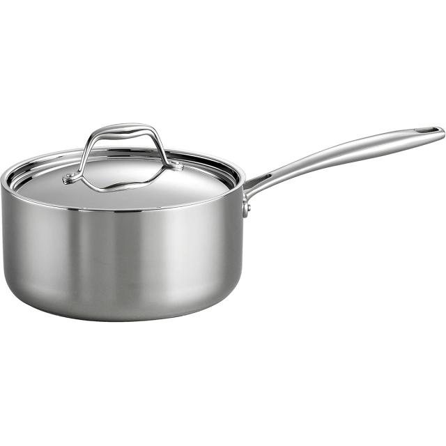 Polished stainless steel saucepan with a stainless lid and a long handle