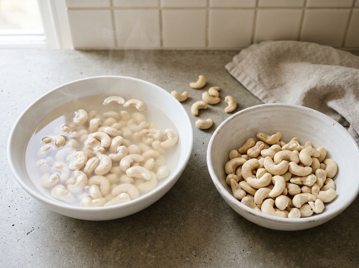 Raw cashews soaking in hot water in a white bowl, with a second bowl of drained soaked cashews beside it
