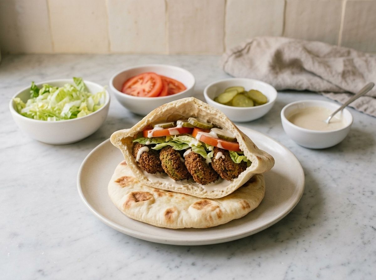 A warm pita pocket lined with tahini and packed with falafel, lettuce, tomato and pickles