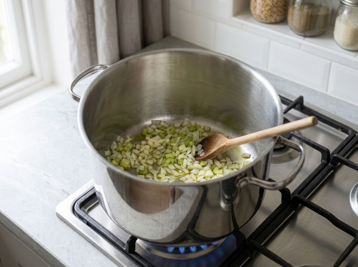Finely chopped onion and celery softening in olive oil in the bottom of a large stainless pot, with no browning