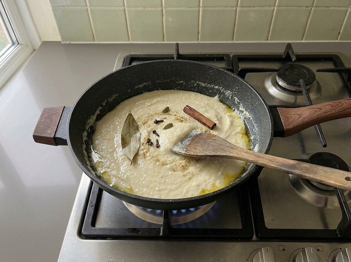 The pale onion and cashew paste cooking down in the skillet with the whole spices, ghee showing at the edges