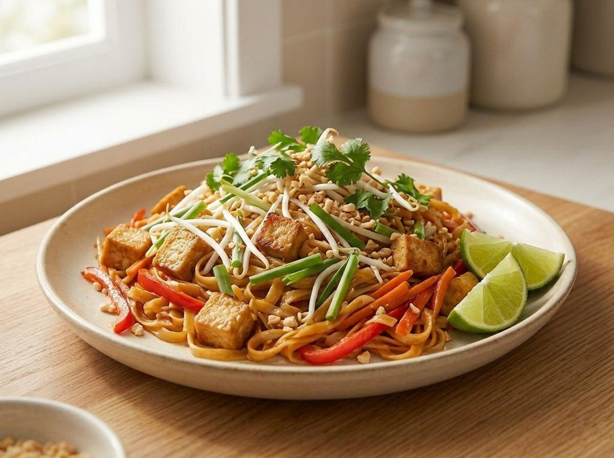 Plated pad thai with pepper, carrot and tofu, topped with peanuts, sprouts and lime