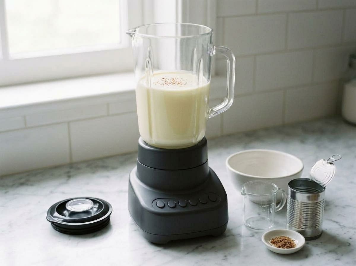The blender jug three quarters full of thin pale eggnog after the oat milk, maple syrup and spices go in