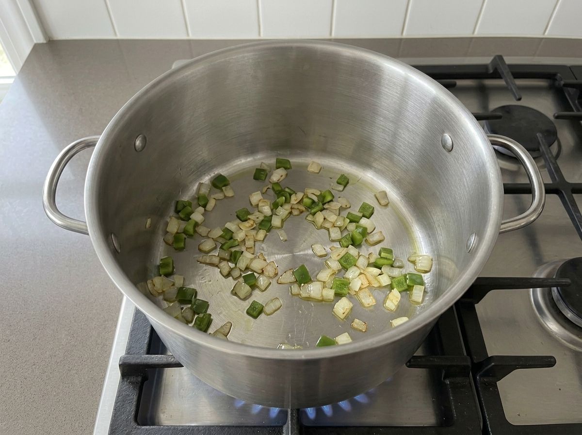 Diced onion and green bell pepper softening in olive oil in the bottom of a large steel pot