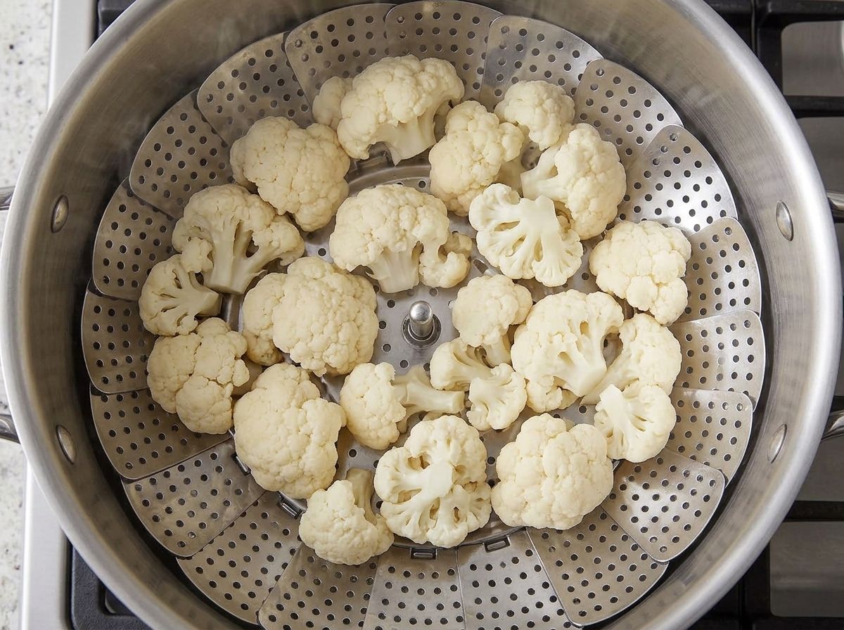 Raw cauliflower florets sitting in a steamer basket inside a steel pot, ready to steam