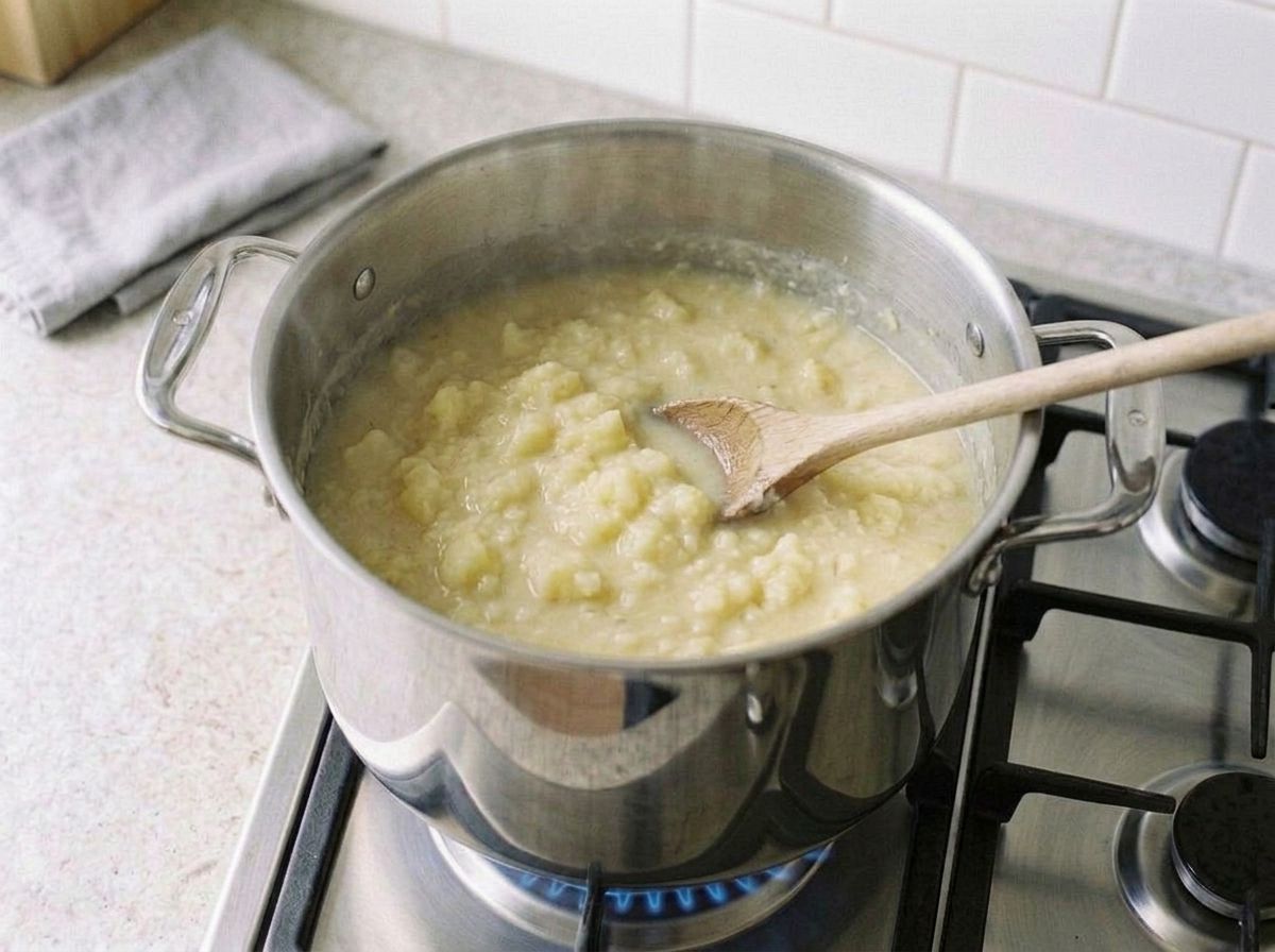 Plant milk stirred into the mashed soup, turning it a paler ivory and steaming gently