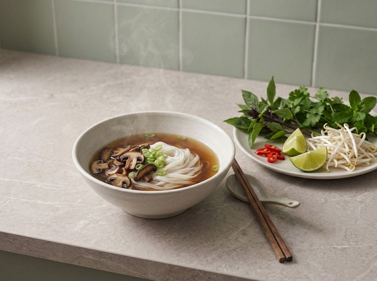A finished bowl of vegetarian pho beside a plate of Thai basil, cilantro, mint, bean sprouts, lime and chili