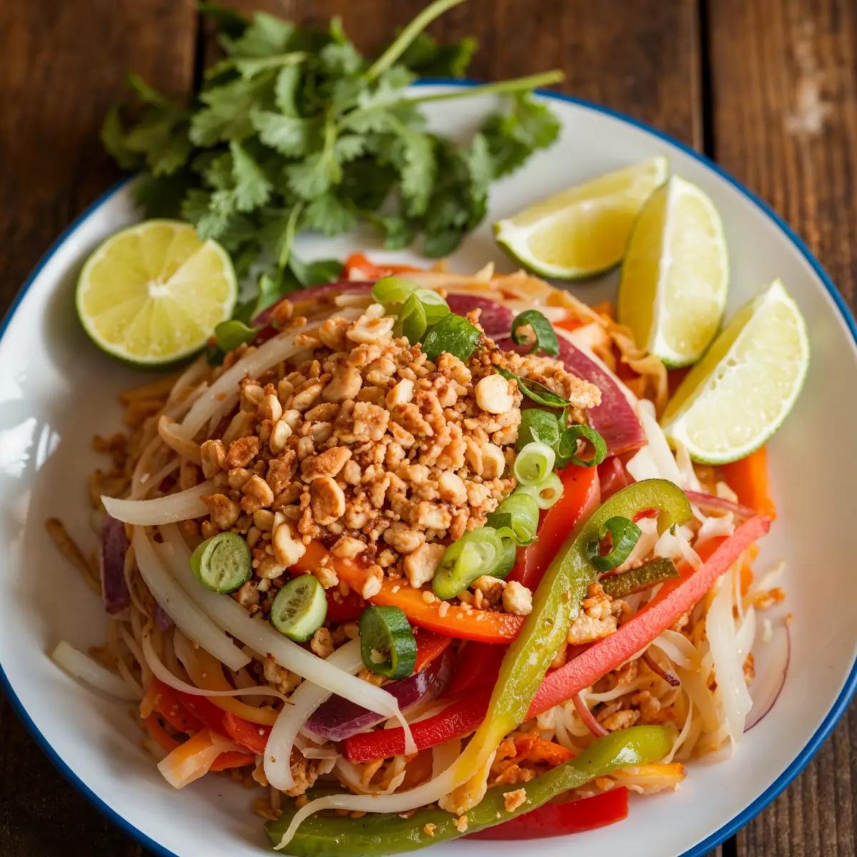 Colorful vegan Pad Thai with noodles, tofu, bell peppers, and bean sprouts.