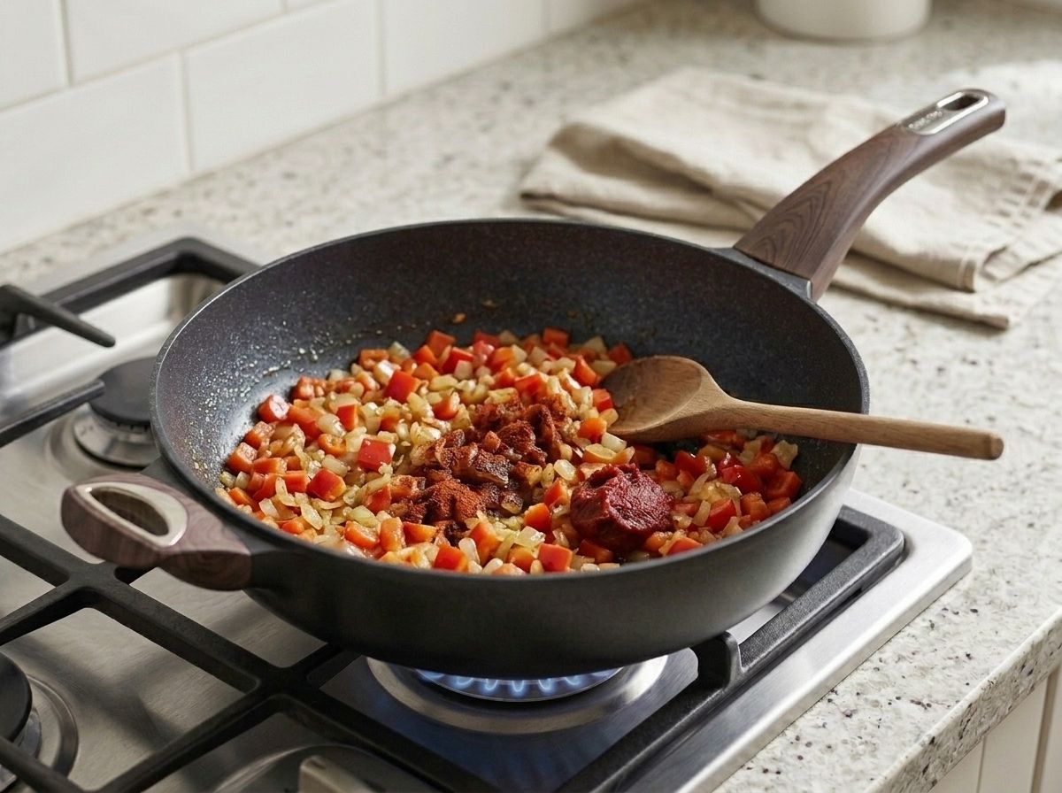 Chopped onion and red bell pepper softened in a skillet, with chili powder and tomato paste blooming in the hot oil.