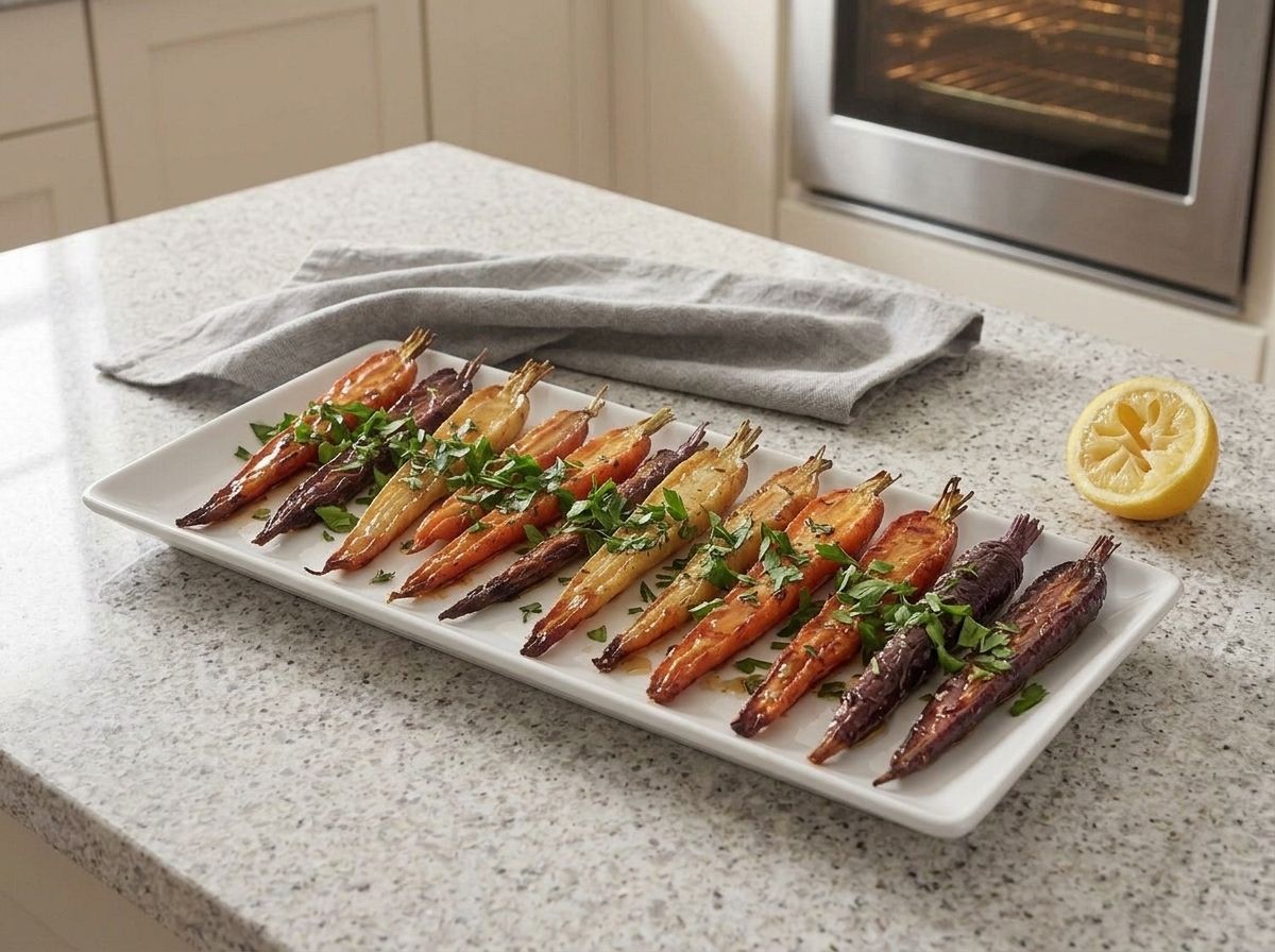 The finished honey glazed rainbow carrots on a platter, scattered with chopped herbs and finished with lemon