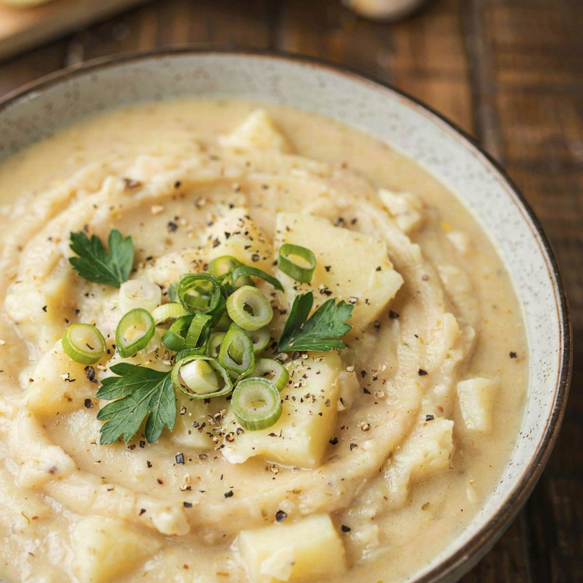 Thick vegan potato soup in a speckled stoneware bowl, mashed rather than blended so soft chunks of potato show through, topped with sliced green onion, parsley and cracked black pepper.