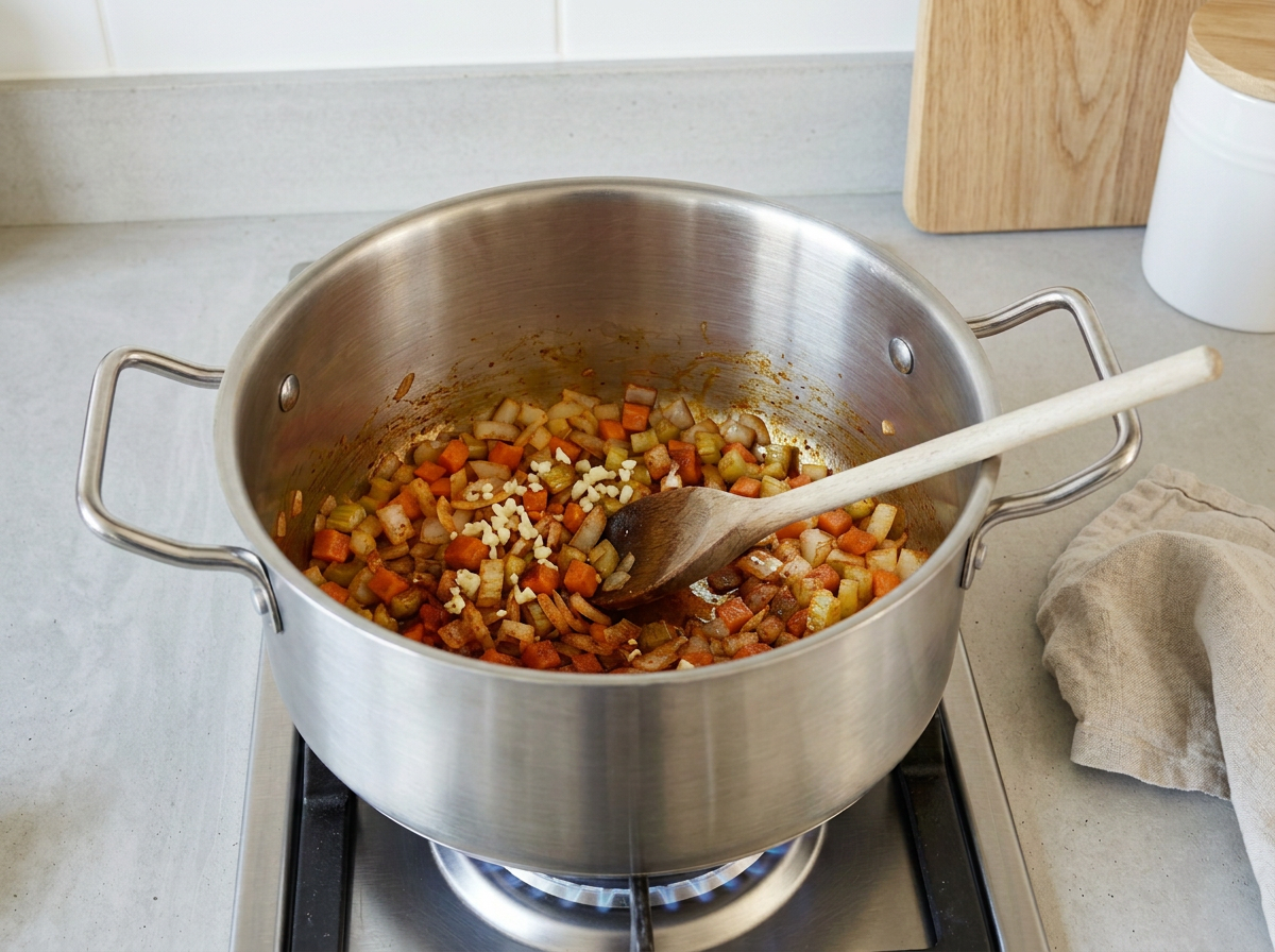 Minced garlic and smoked paprika stirred into the softened vegetables, the oil turned deep brick red
