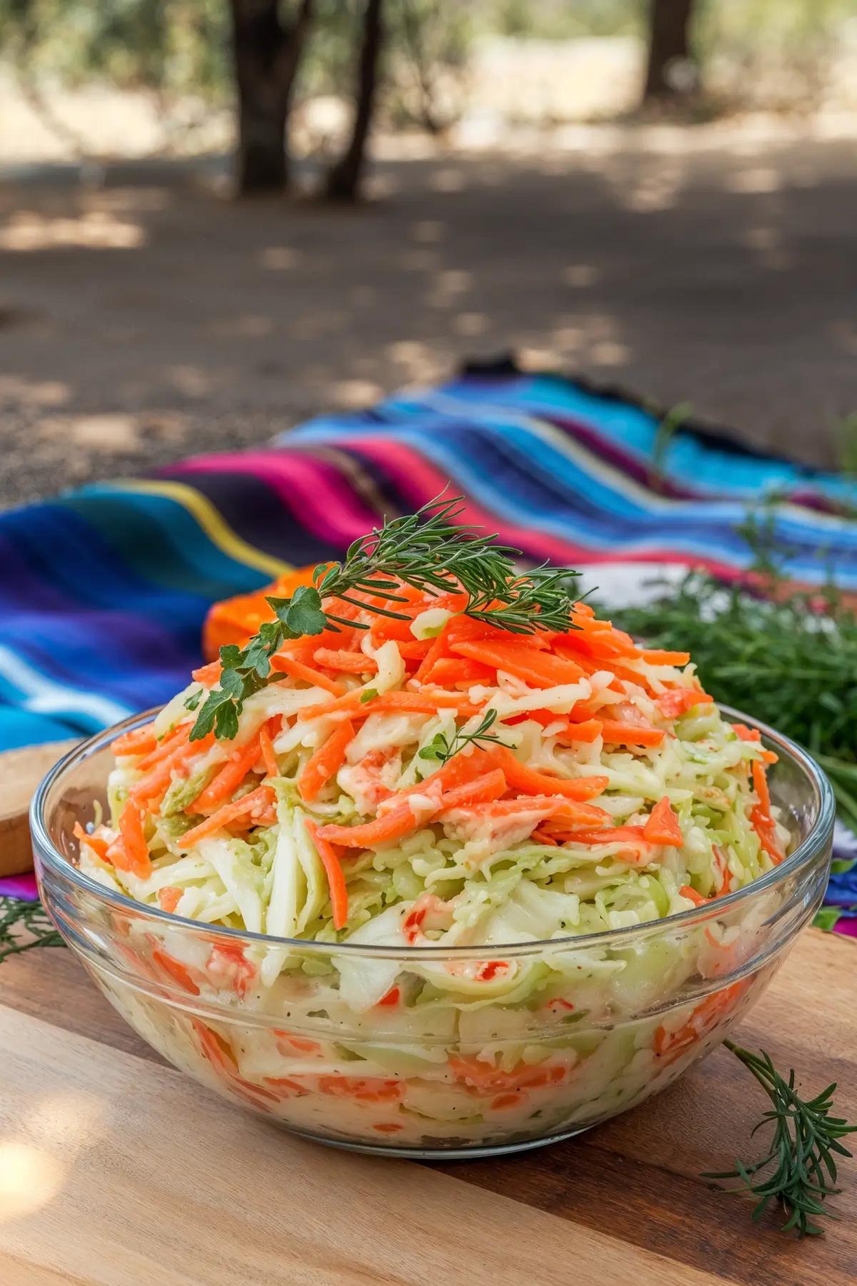 A bowl of vegan cole slaw with cabbage and carrots, garnished with herbs, on a picnic blanket.