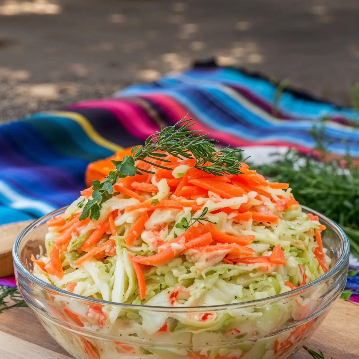 A bowl of vegan cole slaw with cabbage and carrots, garnished with herbs, on a picnic blanket.