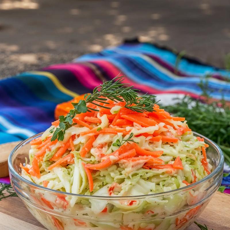 A bowl of vegan cole slaw with cabbage and carrots, garnished with herbs, on a picnic blanket.