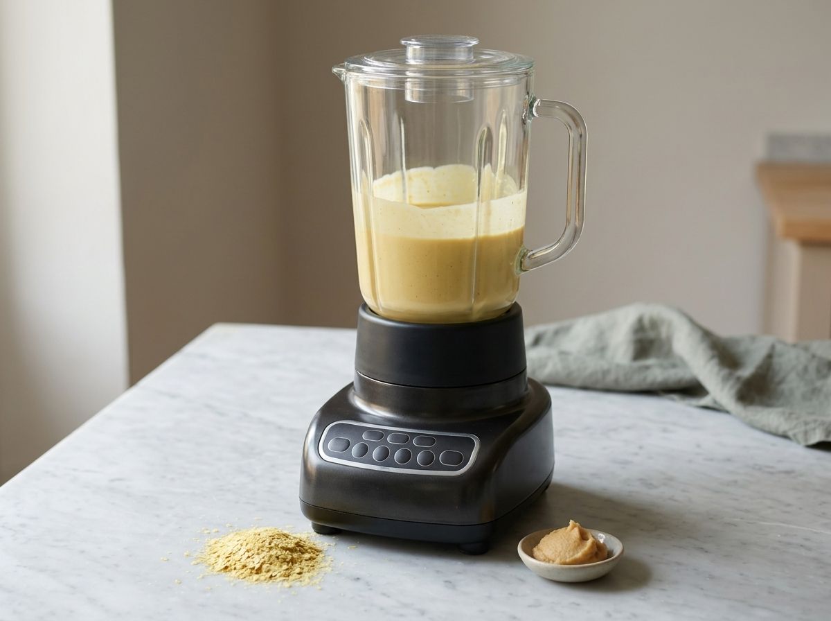 Blended cashew carbonara sauce in a blender jug, smooth, opaque and pale golden yellow