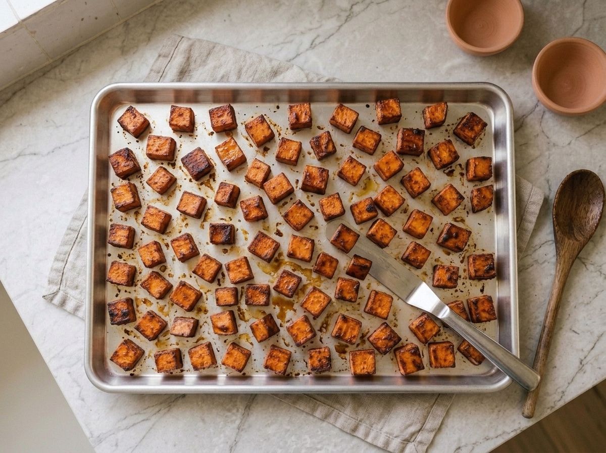 Roasted sweet potato on the baking sheet, edges caramelized dark, a few pieces turned over
