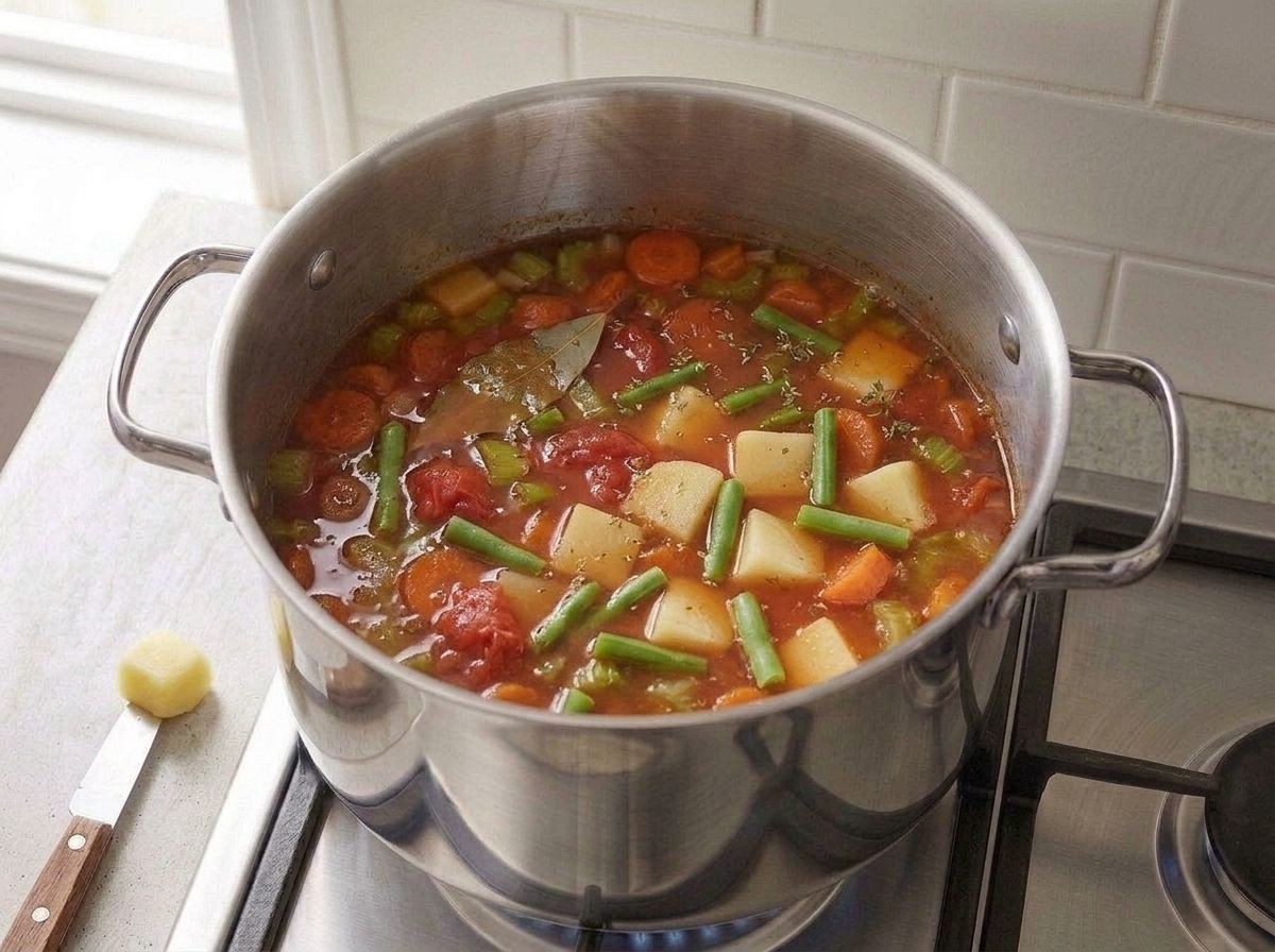 Canned tomatoes and bright green bean lengths stirred in, turning the broth brick orange