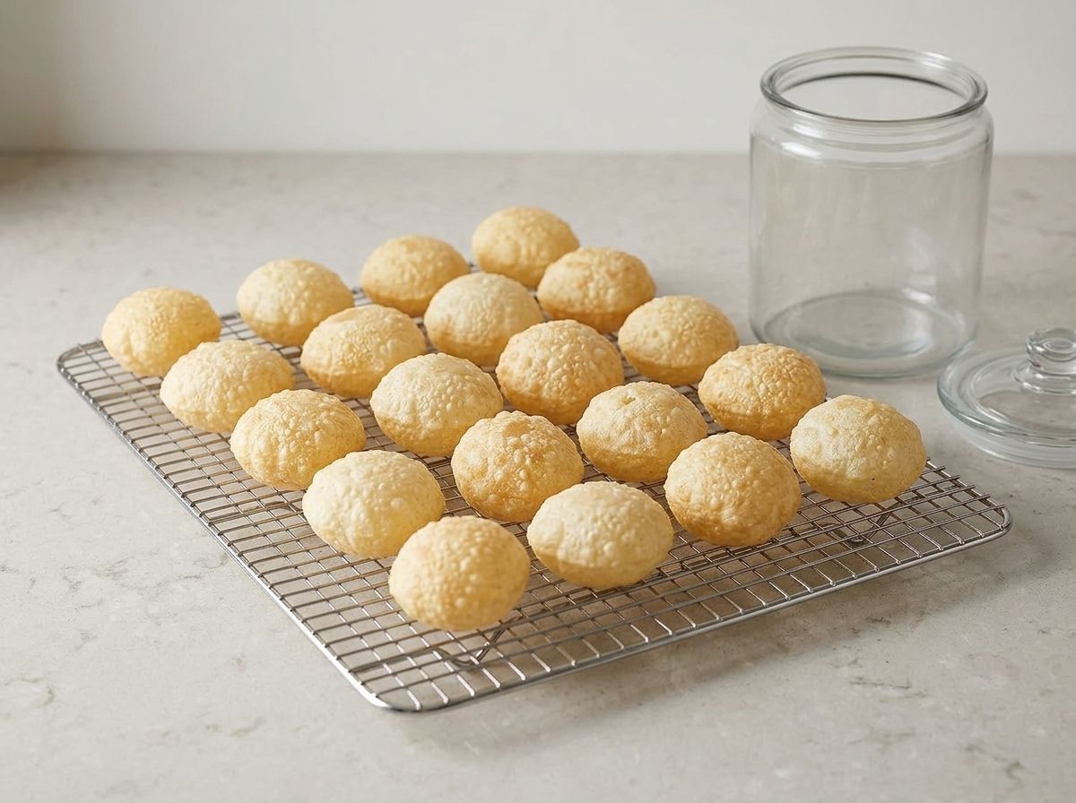Fried puri shells cooling in a single layer on a wire rack beside an open storage jar.