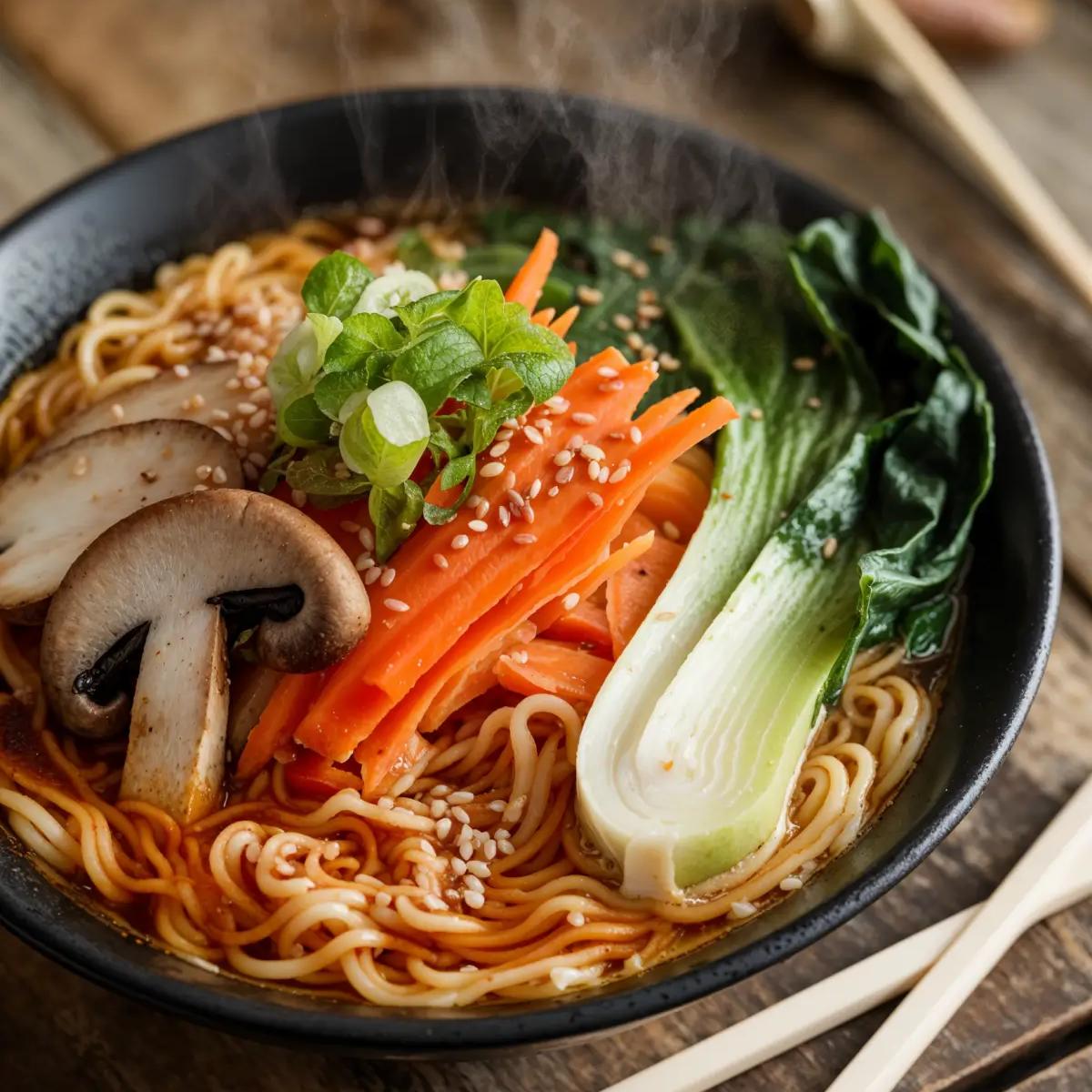 Bowl of vegan ramen with mushrooms, carrots, and fresh greens in broth.