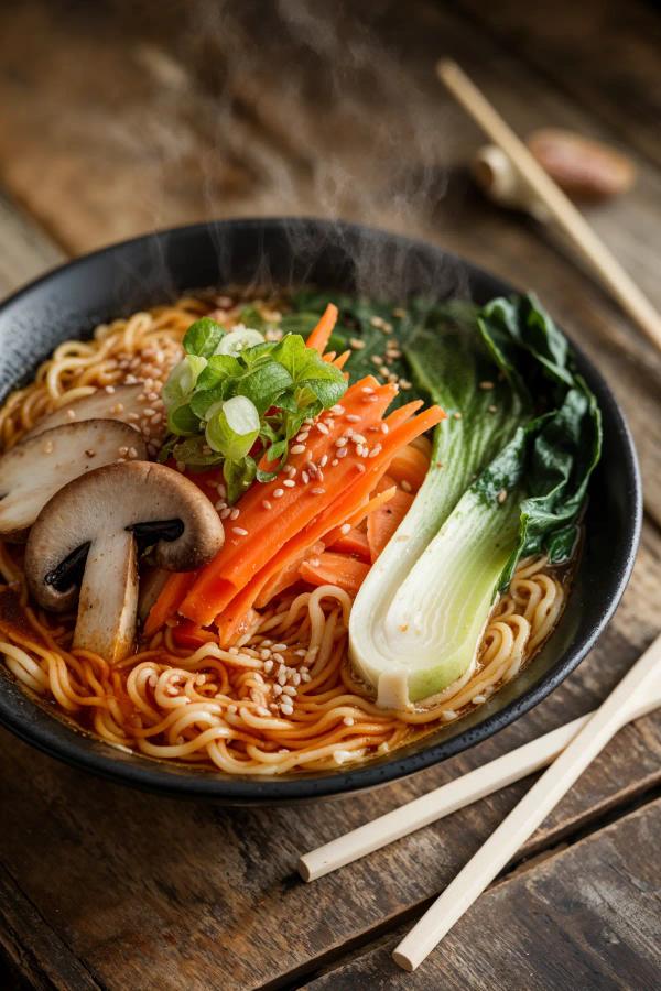 Bowl of vegan ramen with mushrooms, carrots, and fresh greens in broth.