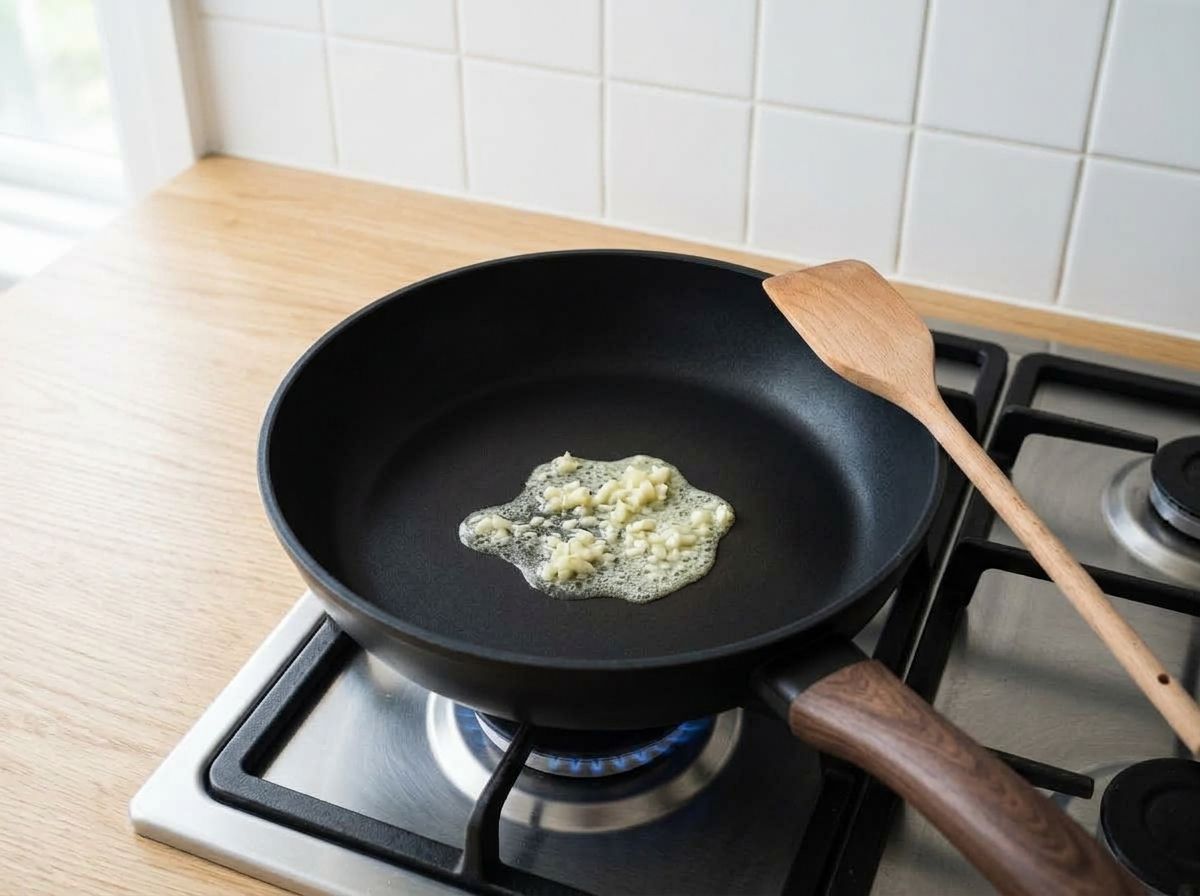 Minced garlic softening in a small pool of melted vegan butter in a black skillet, pale with no browning