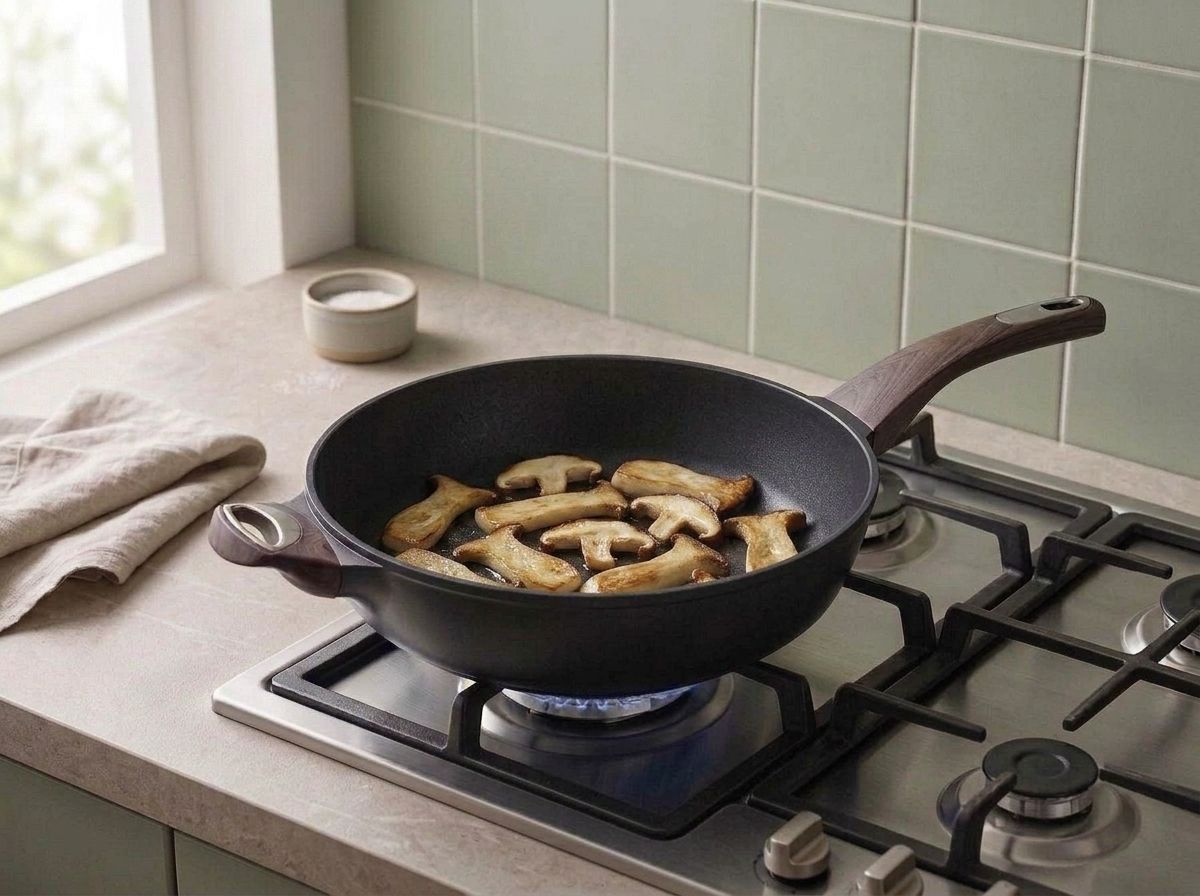 Sliced shiitake and king oyster mushrooms searing in a single layer in a black skillet, undersides browned