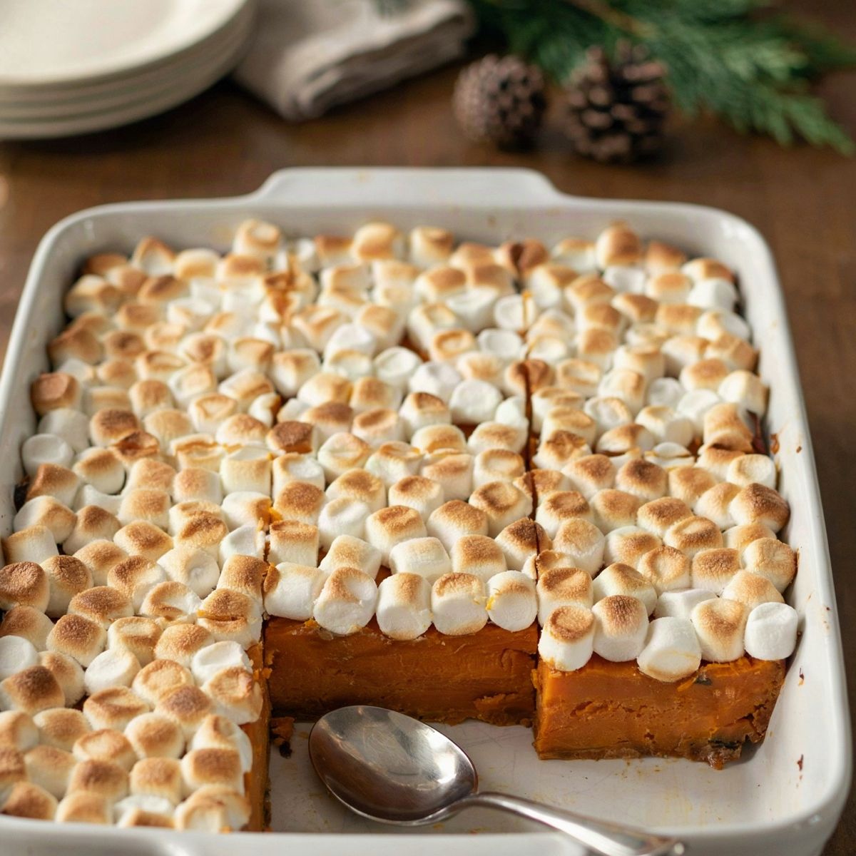 Sweet potato casserole in a white baking dish on a candlelit holiday table, deep orange baked sweet potato under a layer of golden toasted mini marshmallows, with one serving scooped out to show the set layers