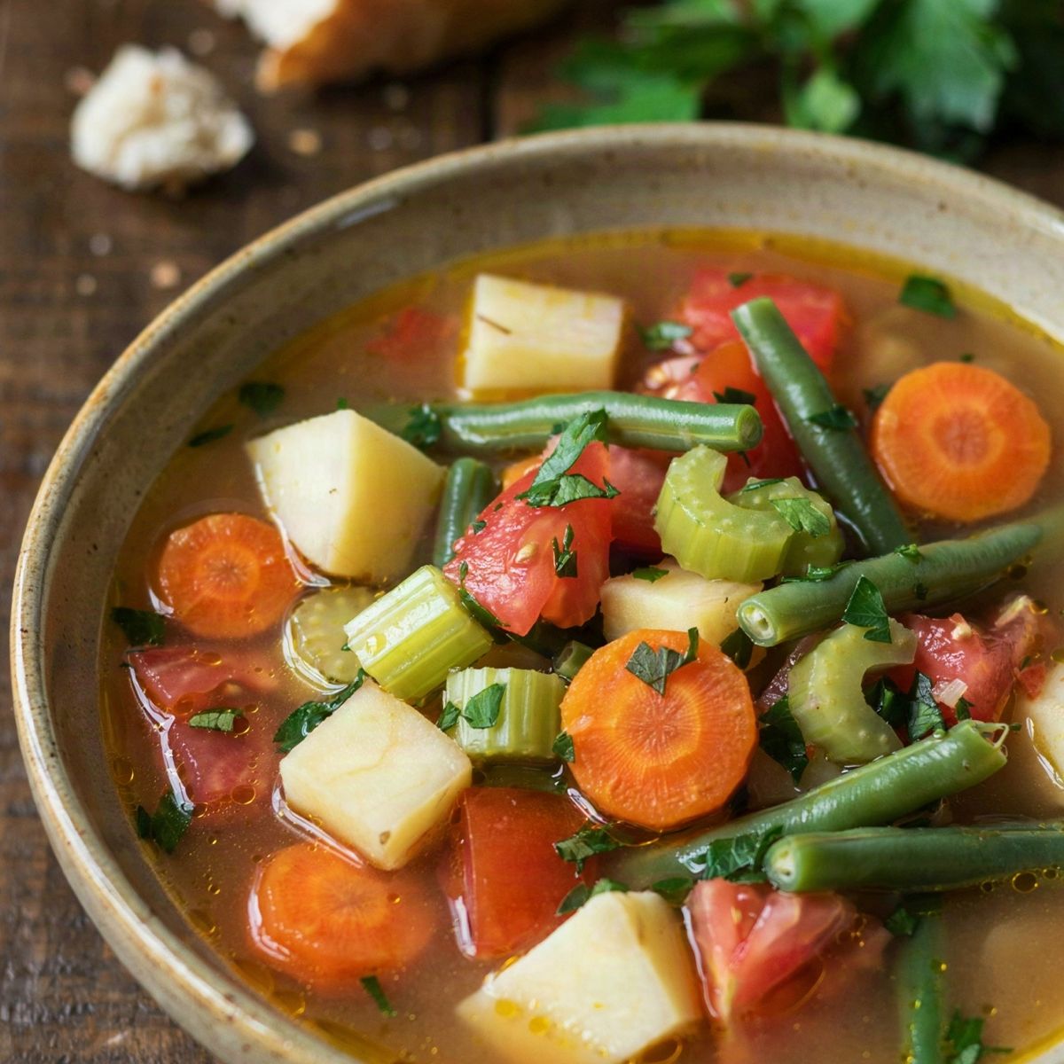 A bowl of homemade vegetable soup in a tomato broth with potato, carrot, celery, bright green beans and tomato, scattered with parsley and served with crusty bread.