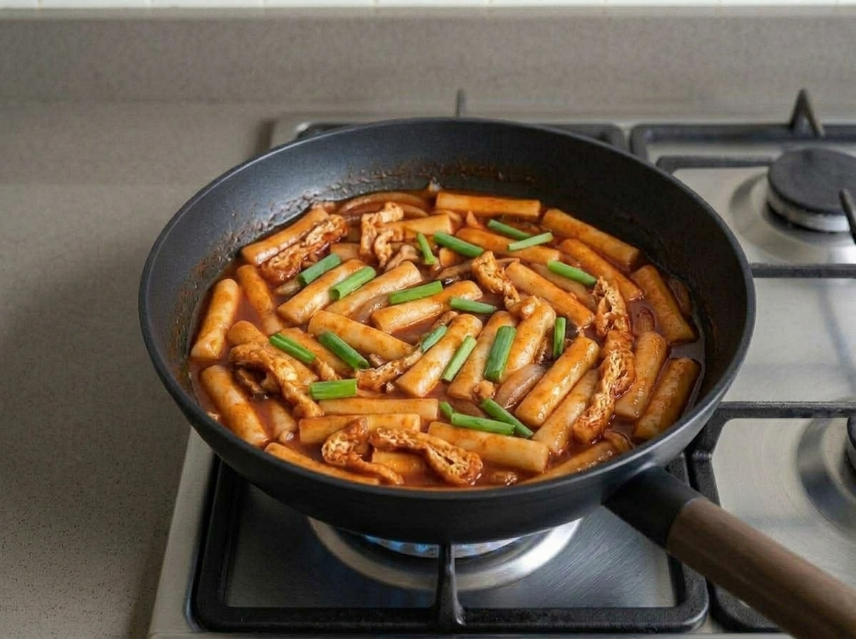 Fried tofu puff strips and green scallion lengths stirred in, the sauce now thick and glossy.