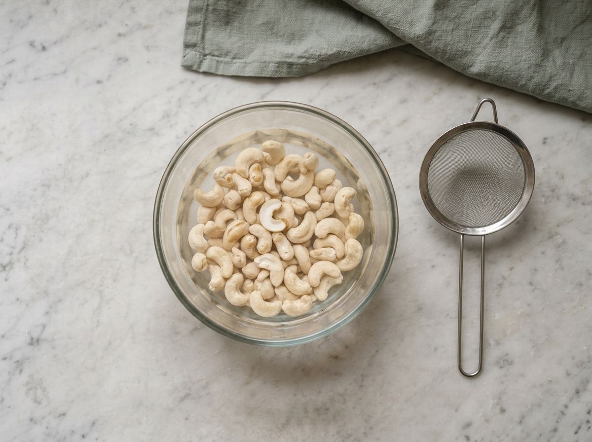 Raw cashews soaking in a glass bowl of hot water, with a fine mesh sieve ready beside it