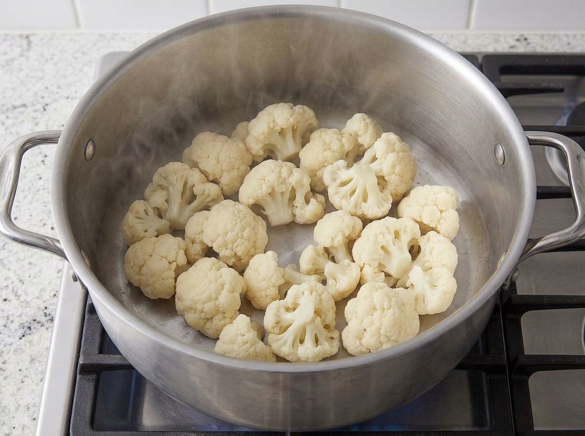 Steamed cauliflower florets drying out in the empty hot pot, giving off wisps of steam