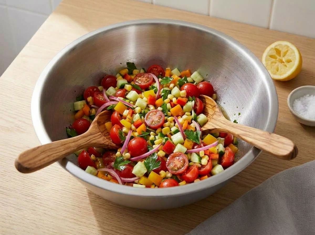 The finished salad tossed in the dressing, cherry tomatoes, cucumber, peppers, corn, pink onion and parsley glossy in a steel bowl with two wooden spoons