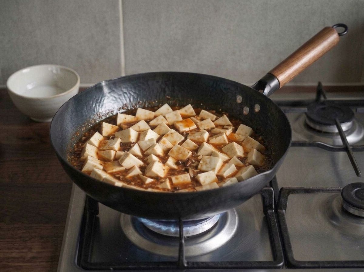 The sauce thickened to a gloss that clings to every tofu cube, with the bowl of cornstarch slurry beside the hob.