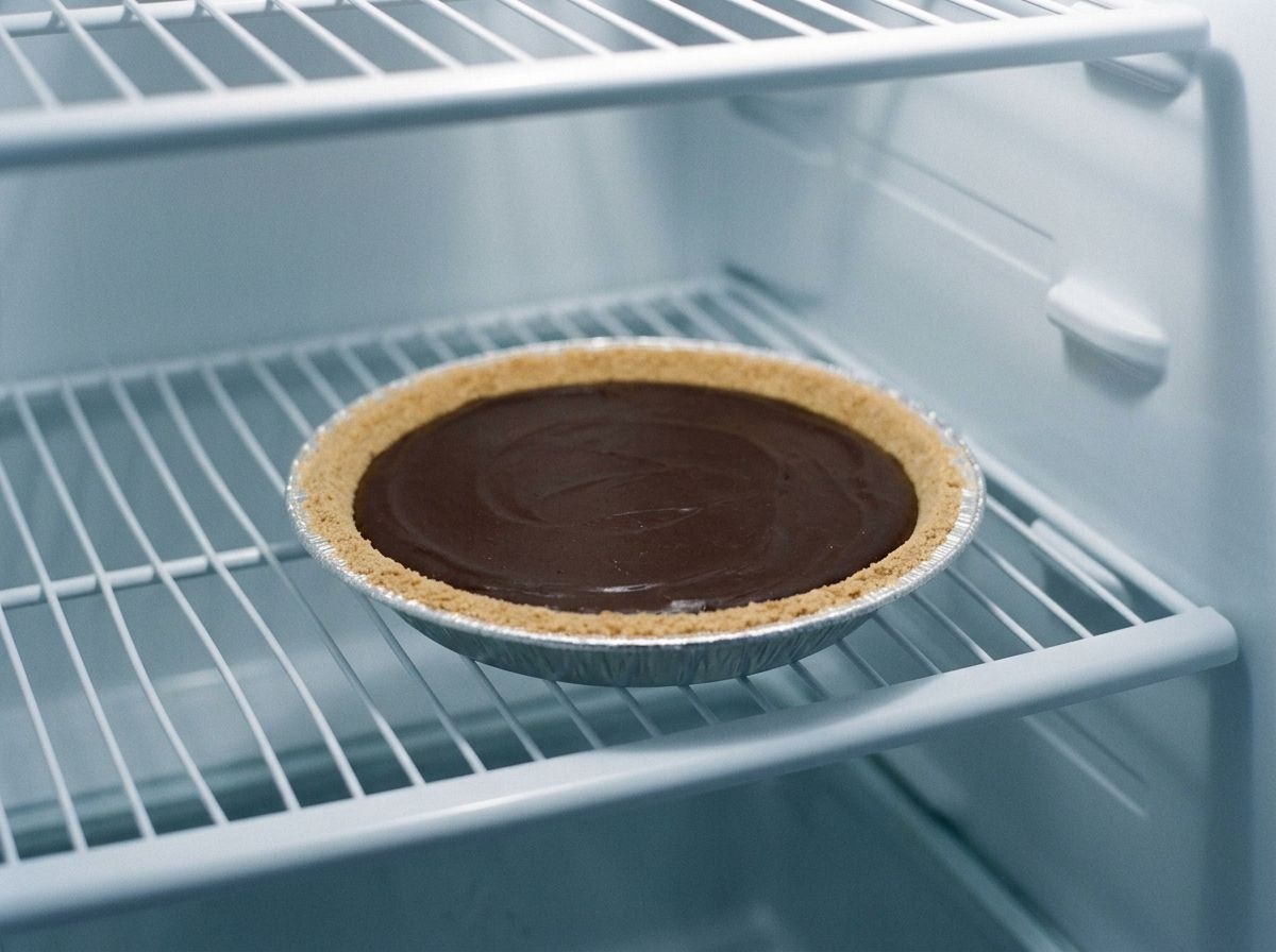 The filled pie chilling uncovered on a refrigerator shelf until the center is firm