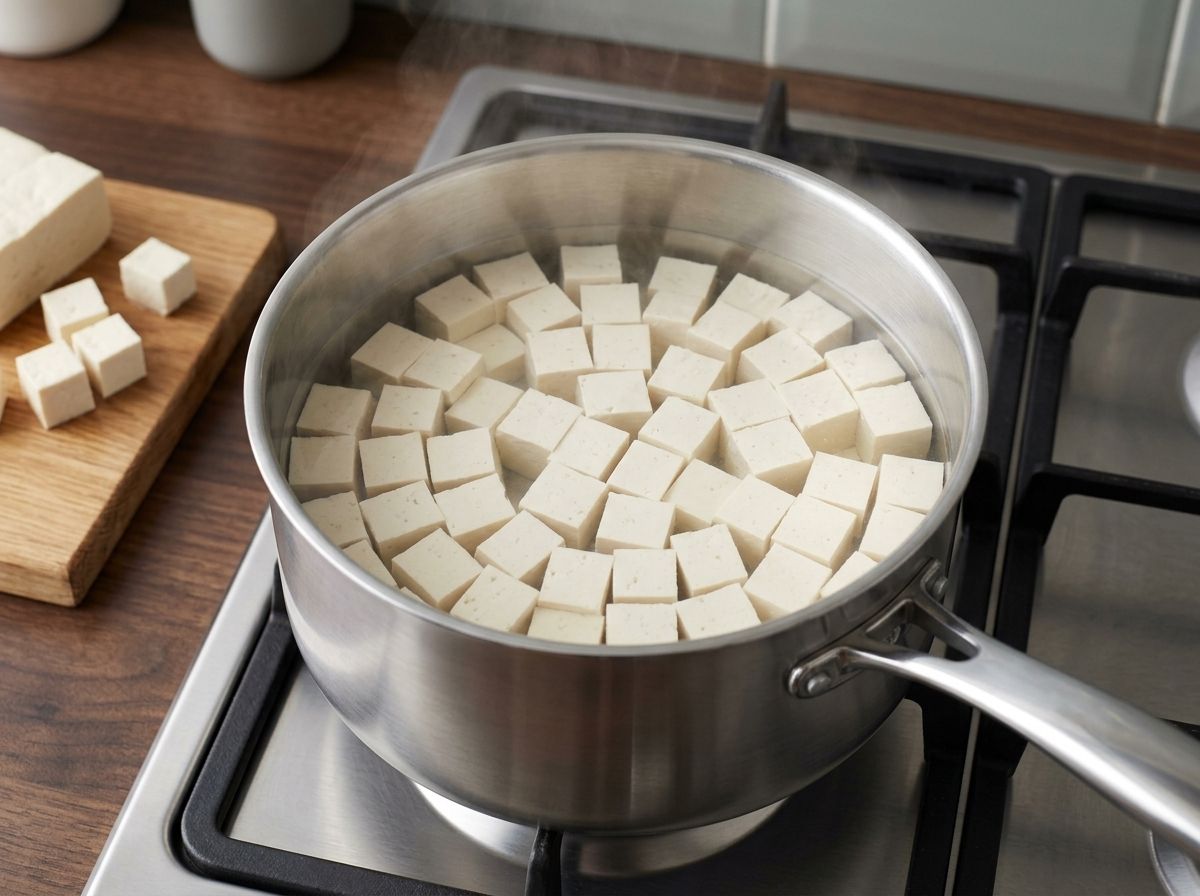 A pound of silken tofu cut into cubes and resting in a pan of hot salted water on an unlit burner, with the rest of the block on a board beside it.