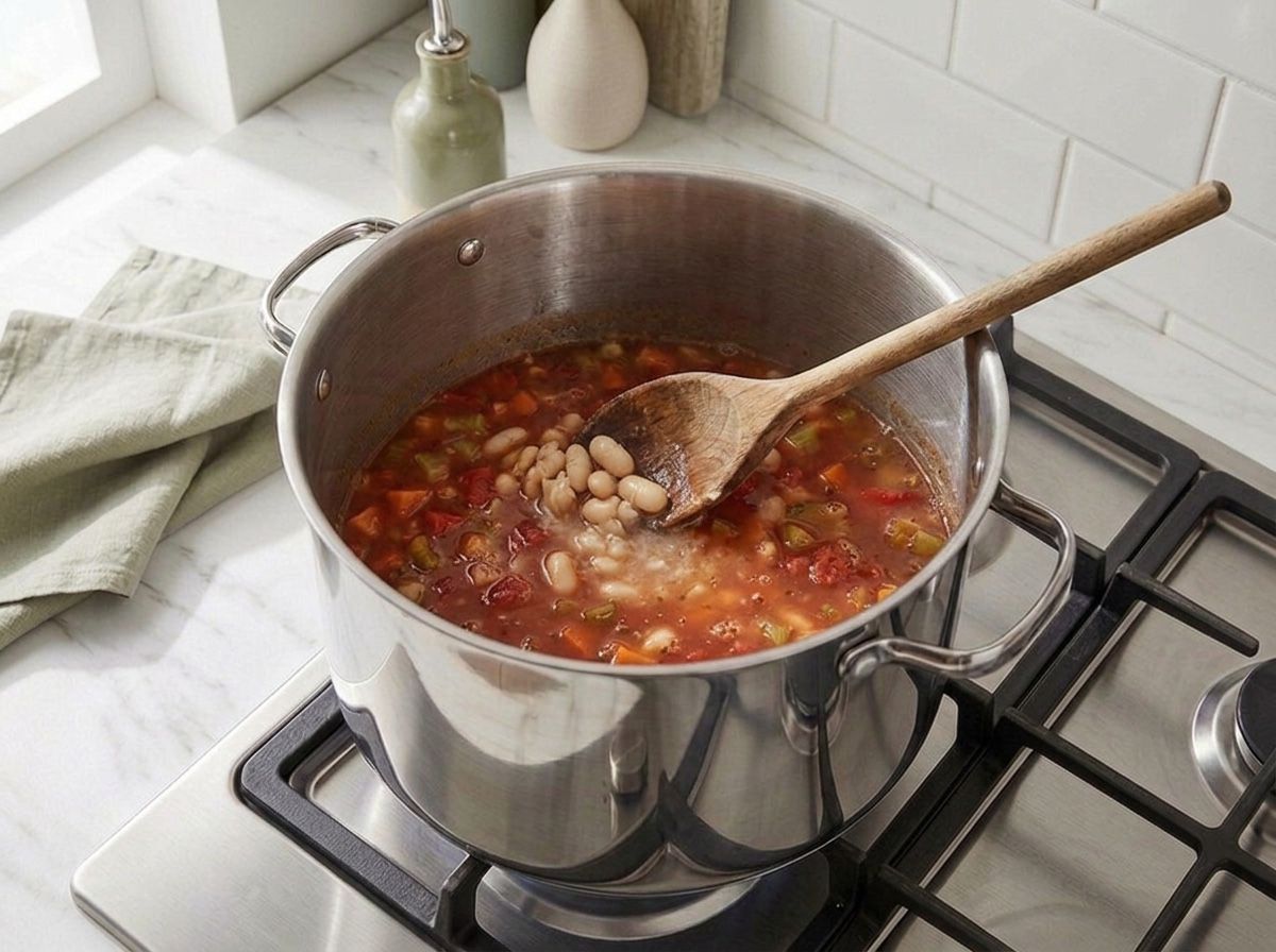 The back of a wooden spoon crushing cannellini beans against the pot to thicken the broth