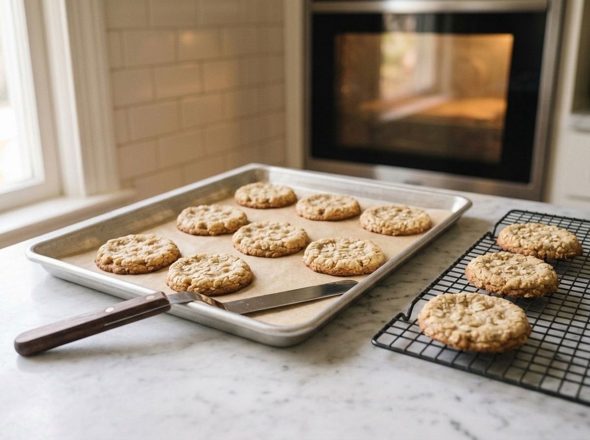 Baked oatmeal cookies cooling on the hot sheet, three lifted across onto a wire rack