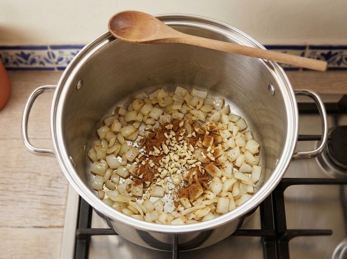 Chopped white onion softening in the same pot with minced garlic and ground cumin just added