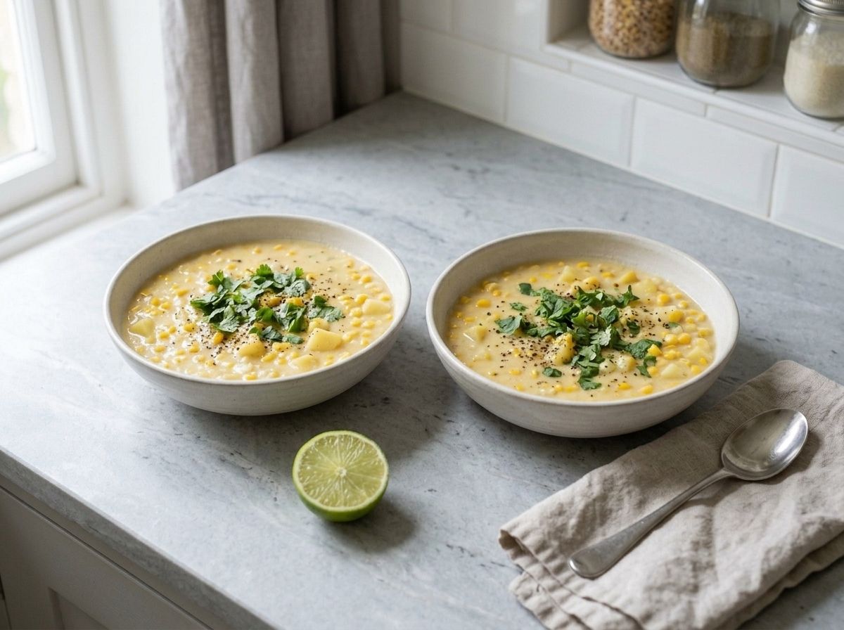 Two bowls of thick corn chowder topped with chopped cilantro and black pepper, a halved lime alongside
