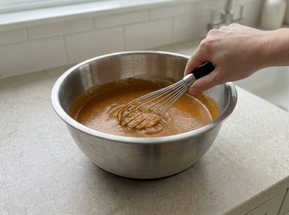 Whisking the vegan pumpkin pie filling in a steel mixing bowl until it is one even deep orange.