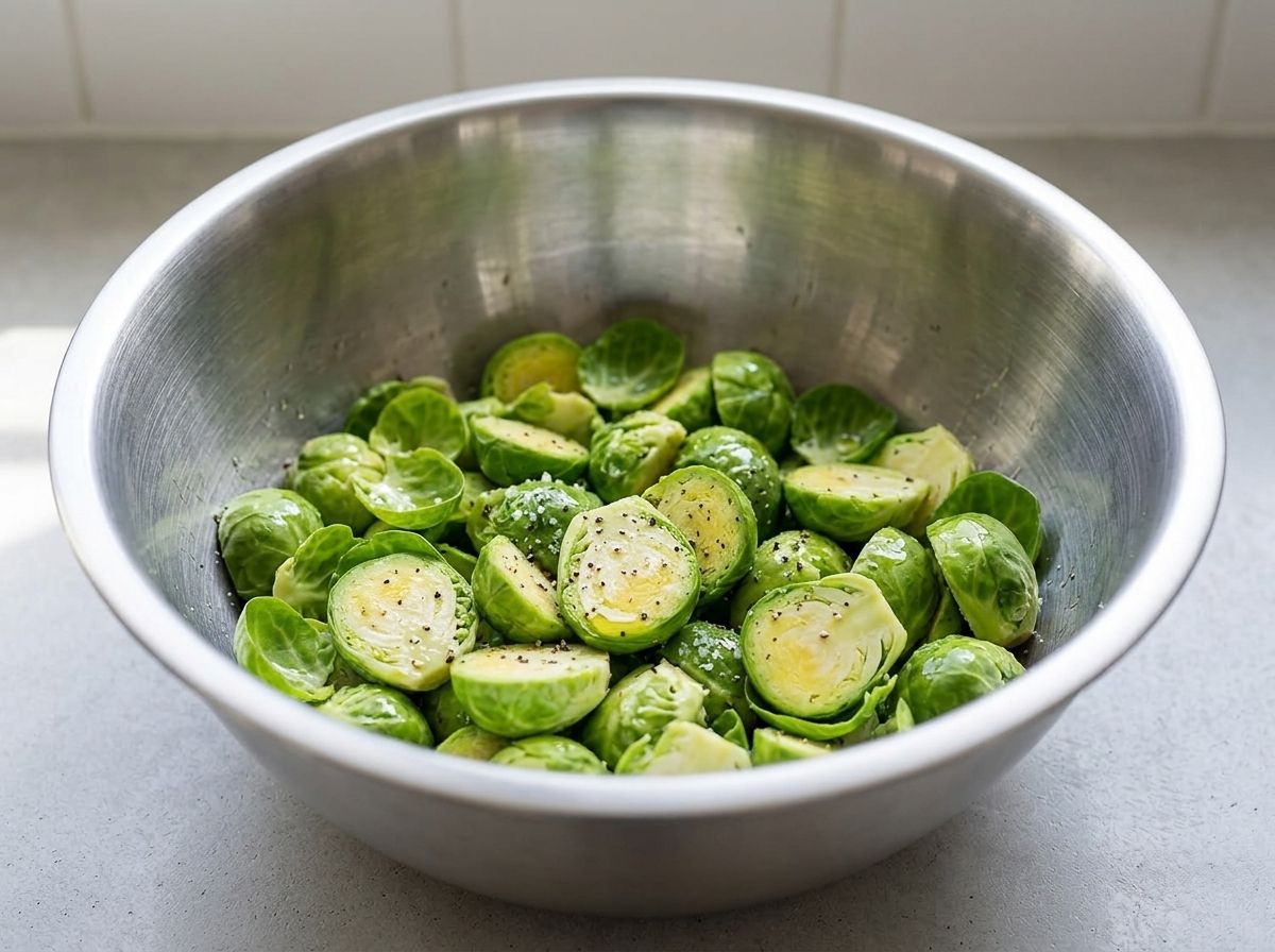 Brussels sprout halves and loose leaves tossed with olive oil, salt and cracked black pepper in a stainless steel mixing bowl.