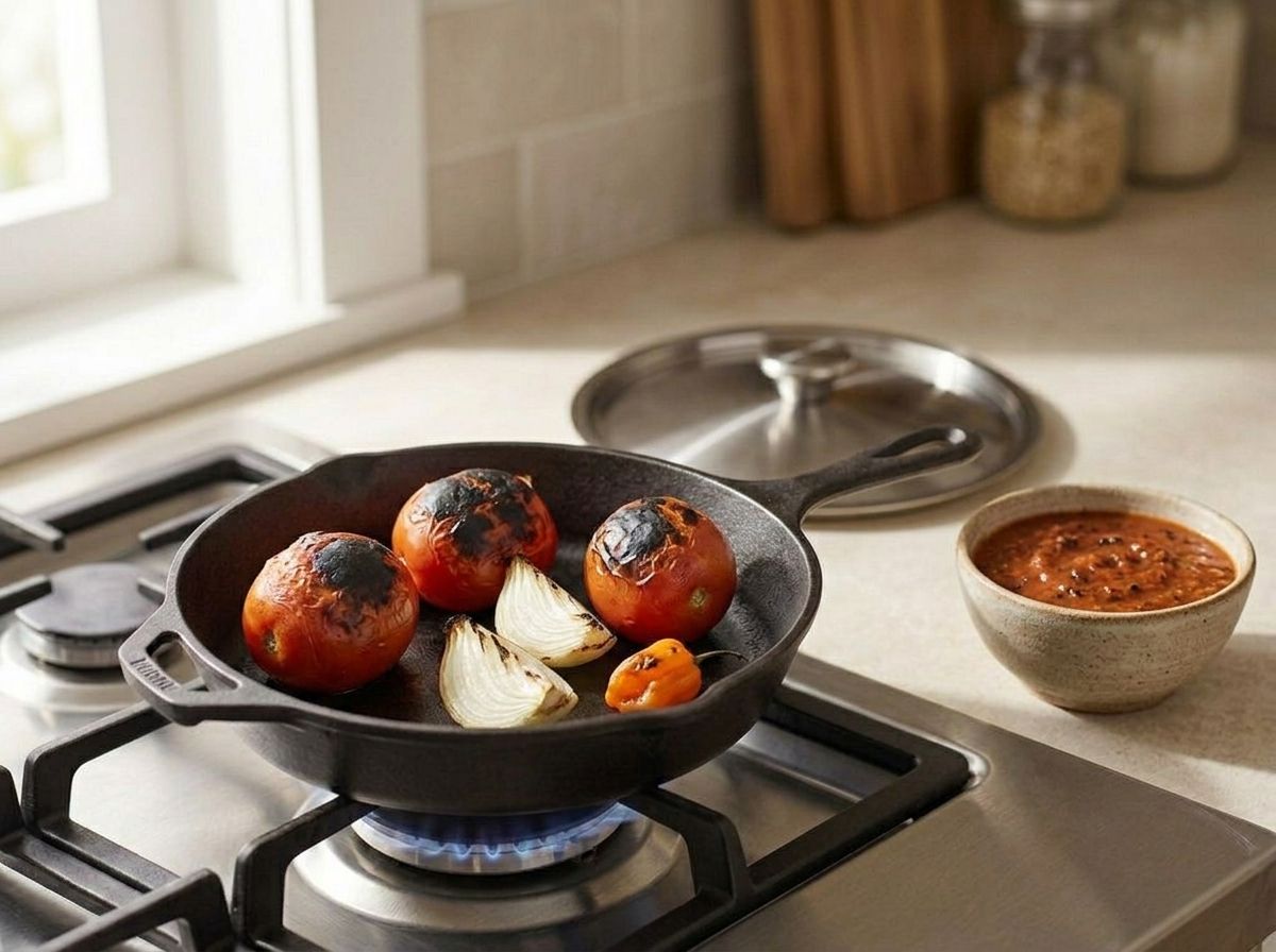 Tomatoes, onion and habanero charred in a dry skillet, then blended into brick red chiltomate