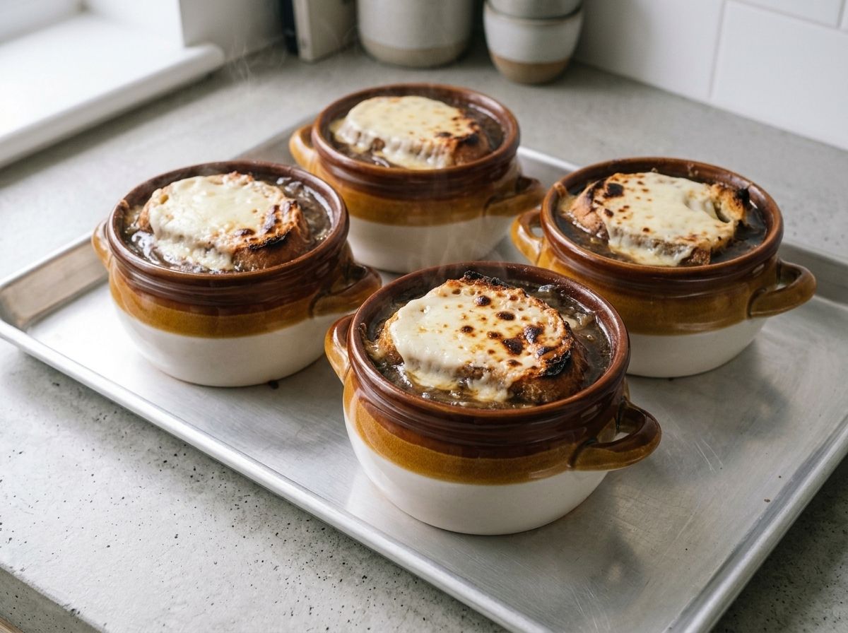 Four crocks of onion soup under browned, blistered cheese fresh from the broiler
