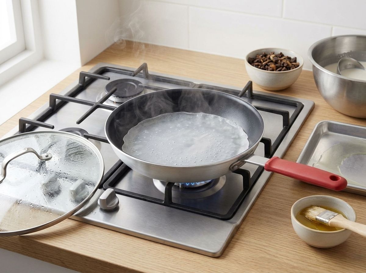 A paper-thin translucent rice sheet set in the non-stick skillet, dotted with tiny bubbles, with the fogged glass lid just lifted off